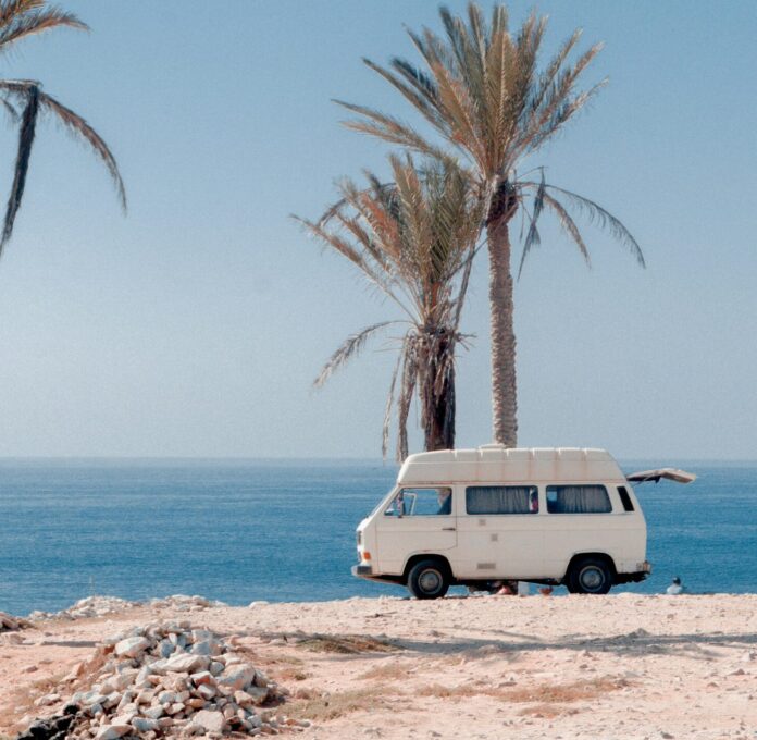Van parked near palm trees on a beach