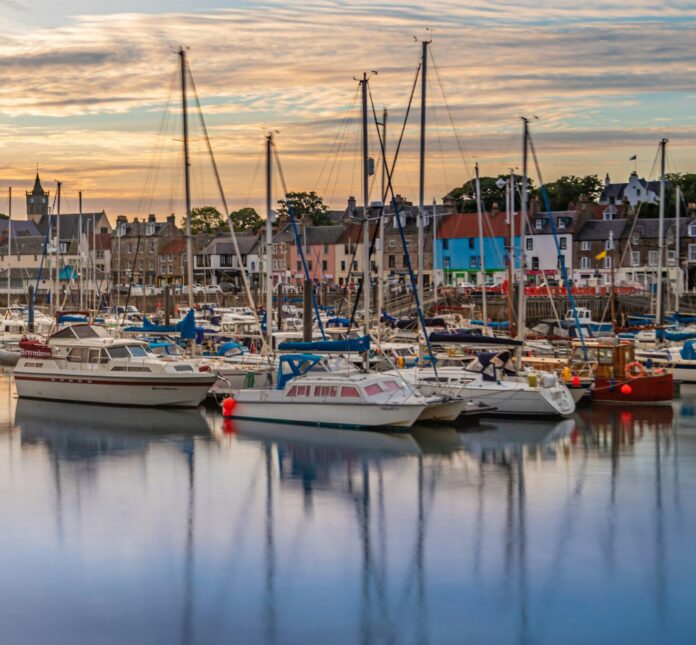 Anstruther Harbour and town, Fife, Scotland, late summer evening.